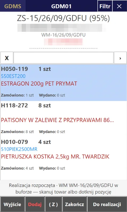 Magazynier: realizacja zamówienia na kolektorze — pozycje do wydania